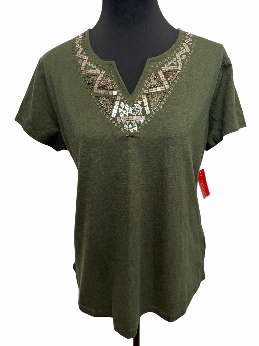 NorthCrest Classic Large Olive Embellished Boho Short Sleeve Top NWT